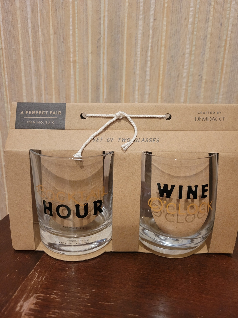 Demdaco Clear Glass 'WINE' and 'HOUR' Pair with Black and Gold Lettering NWT